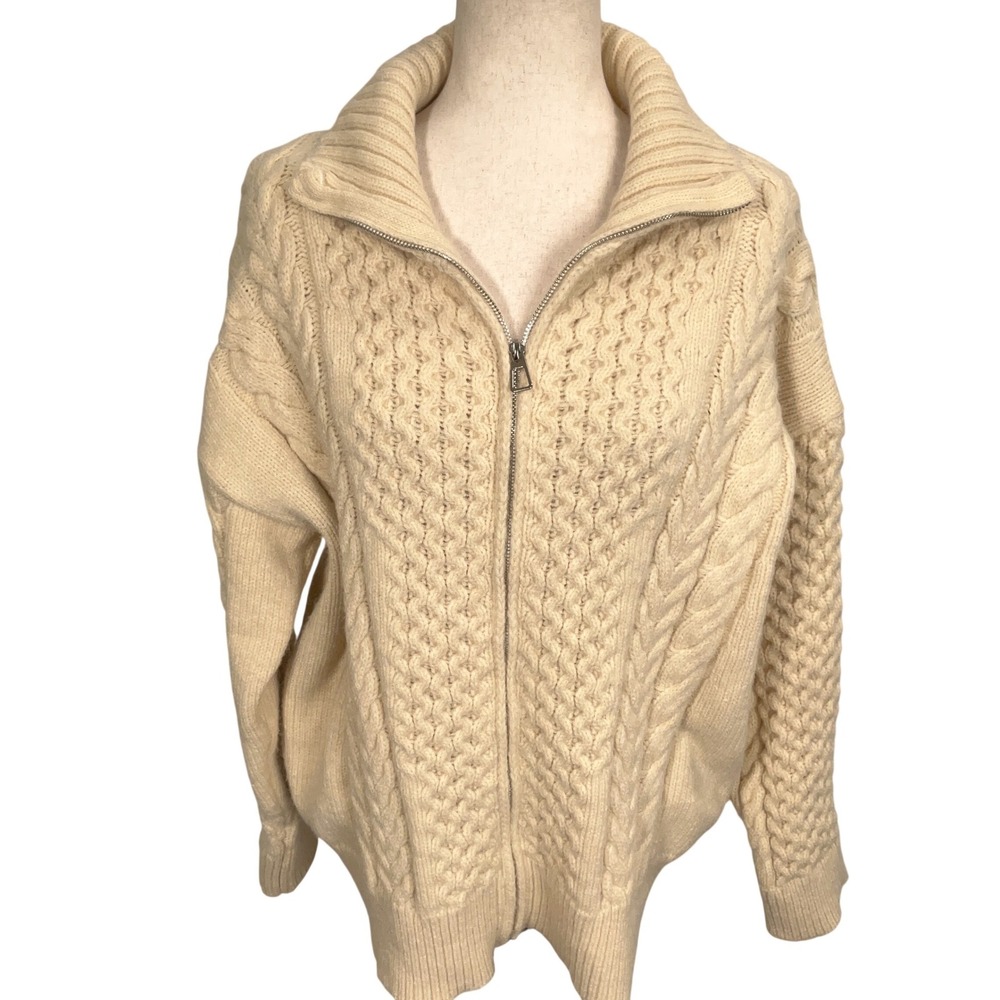 Unbranded Cardigan Women L Cream Cable Knit Grandmacore Zip Fisherman Sweater